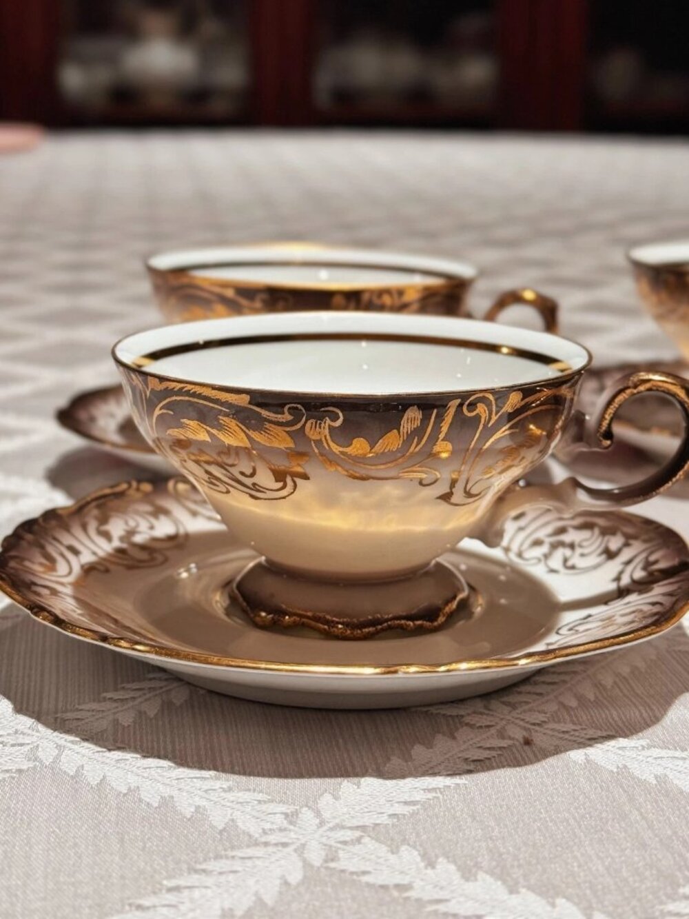 Crown Bavaria 1950s Germany 4 Cup 4 Saucer Set Gold Trim Vintage